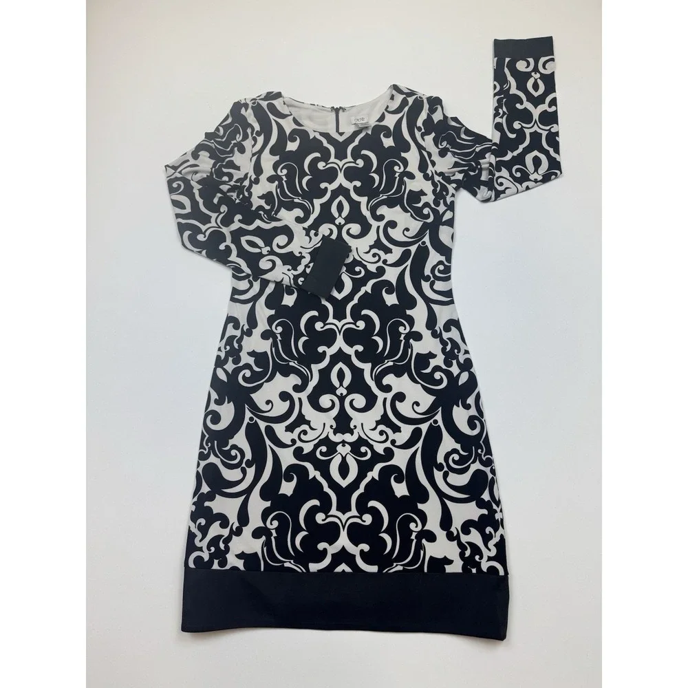 Caché Women's Dress Size 8 Black White Damask Print Sheath Long Sleeve Stretch 8